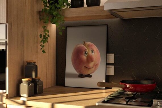 Cute Smiling Peach Character Minimalist Fruit Kitchen Poster