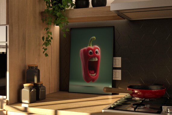Screaming Red Pepper Cartoon Character Whimsical Kitchen Poster