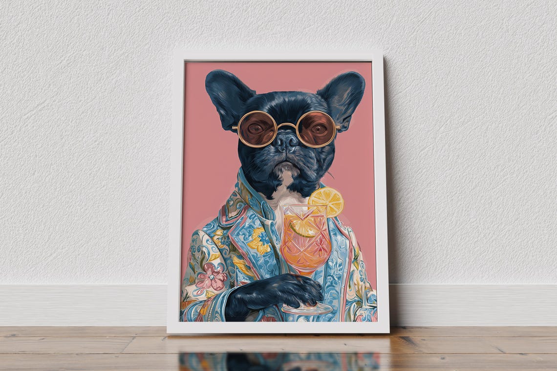 French Bulldog In Round Sunglasses With Cocktail Portrait Print