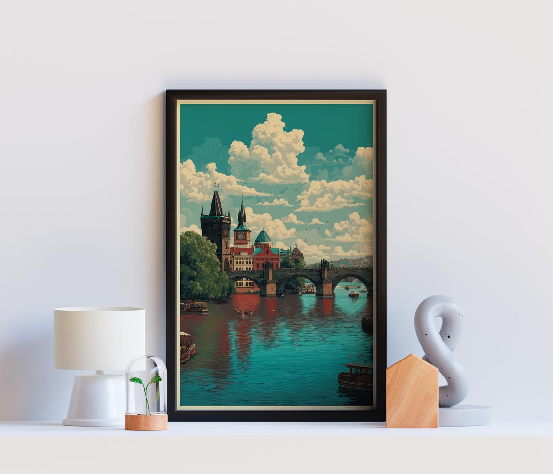 Prague Czech Charles Bridge Vltava River Vintage Travel Poster