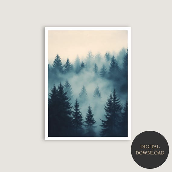Misty Forest Print Foggy Pine Trees Wall Art