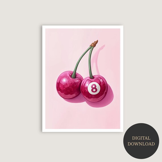 Glossy Pink Cherry Pair with Eight Ball Retro Pop Art Poster
