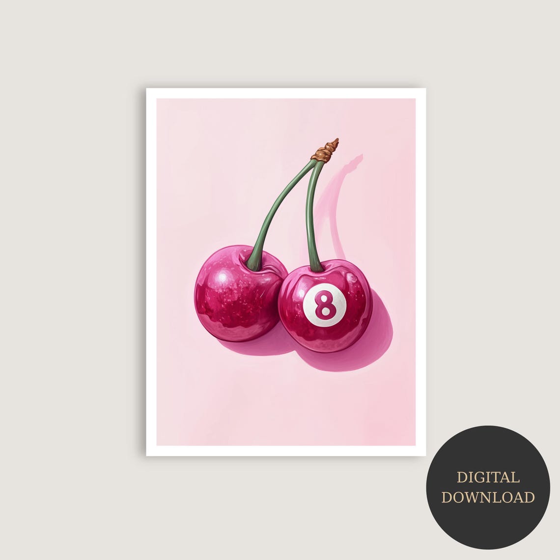 Glossy Pink Cherry Pair with Eight Ball Retro Pop Art Poster