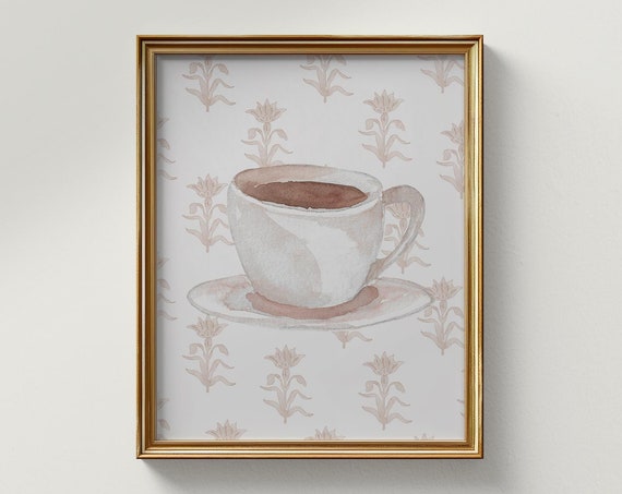 Mocha Coffee Watercolor Vertical Art Print Print Wall Art Trendy Decor Vintage Painting English Garden Floral Cottage