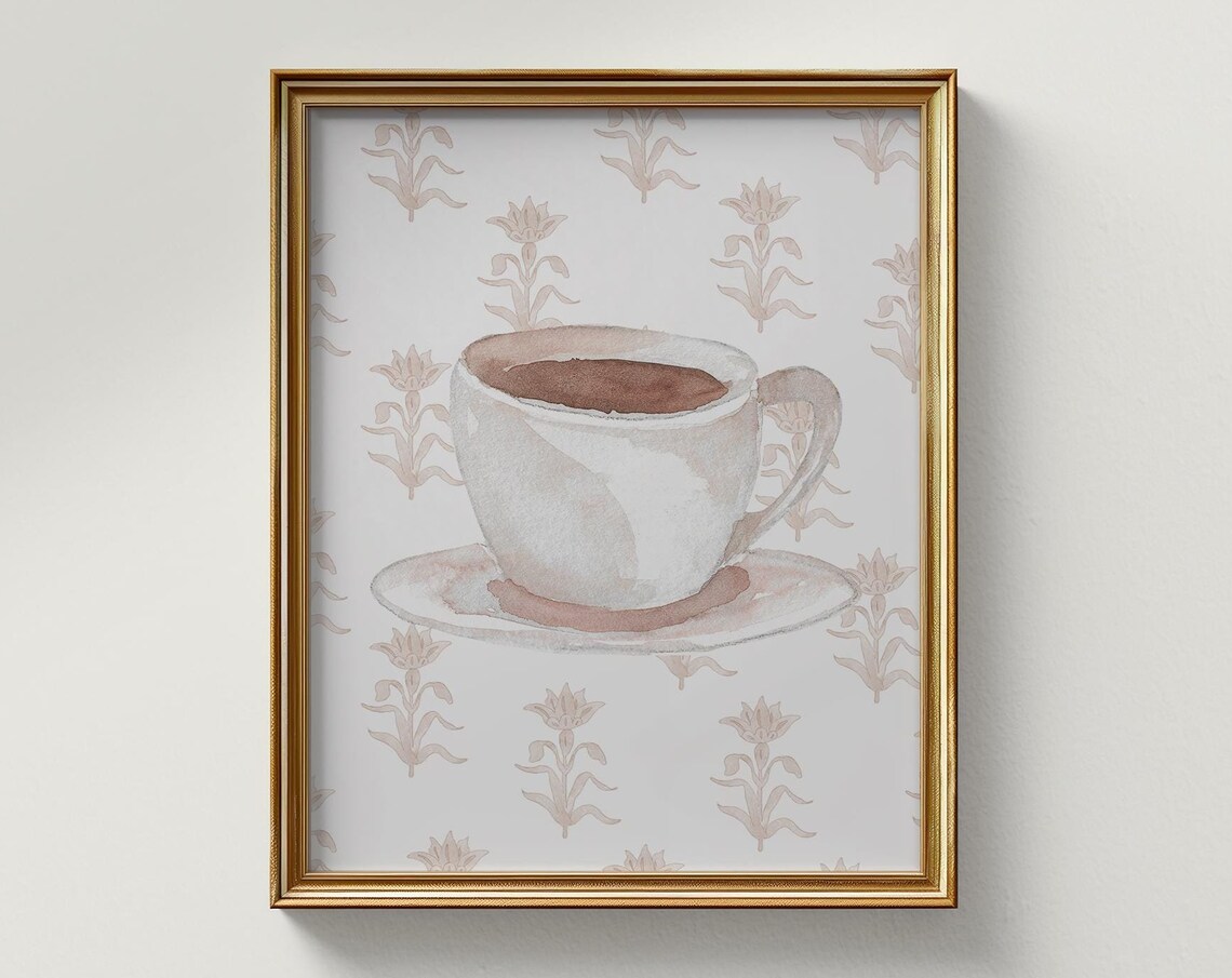 Blue Watercolor Teacup and Saucer on Leafy Wallpaper Vertical Print