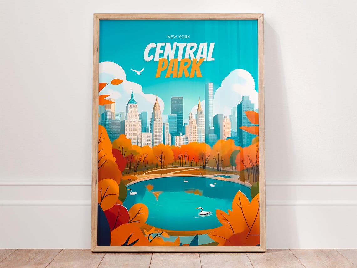 Central Park New York Autumn Orange Trees Lake Skyline Poster