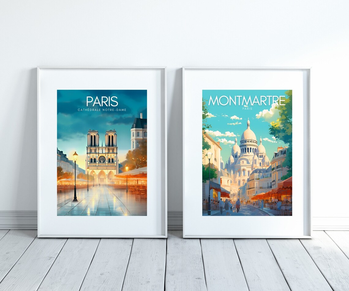 Paris France Notre Dame Cathedral Night Vintage Travel Poster - Image 2