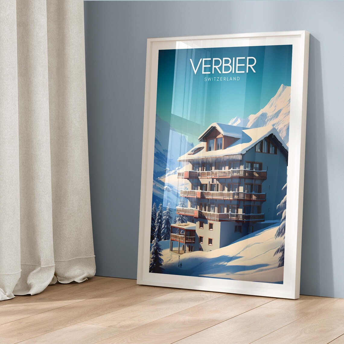 Verbier Switzerland Ski Chalet in Snowy Alpine Peaks Travel Poster - Image 5