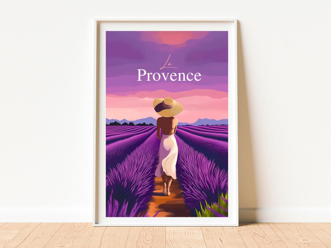La Provence France Woman Strolling Lavender Fields Dusk Poster - Image 2
