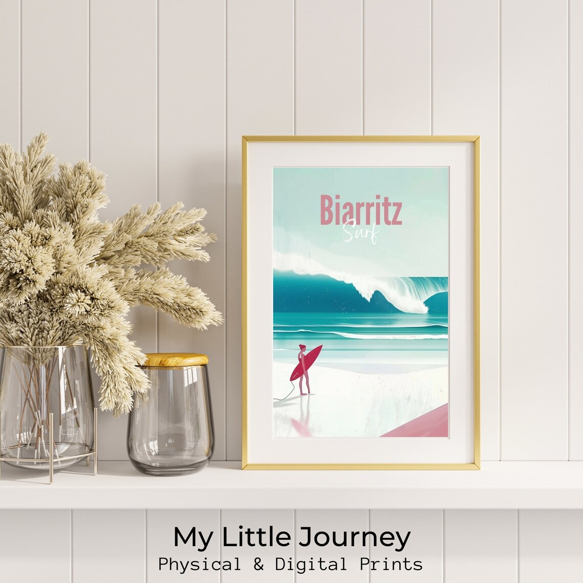Biarritz France Surfer Girl With Red Board Big Ocean Wave Poster - Image 2