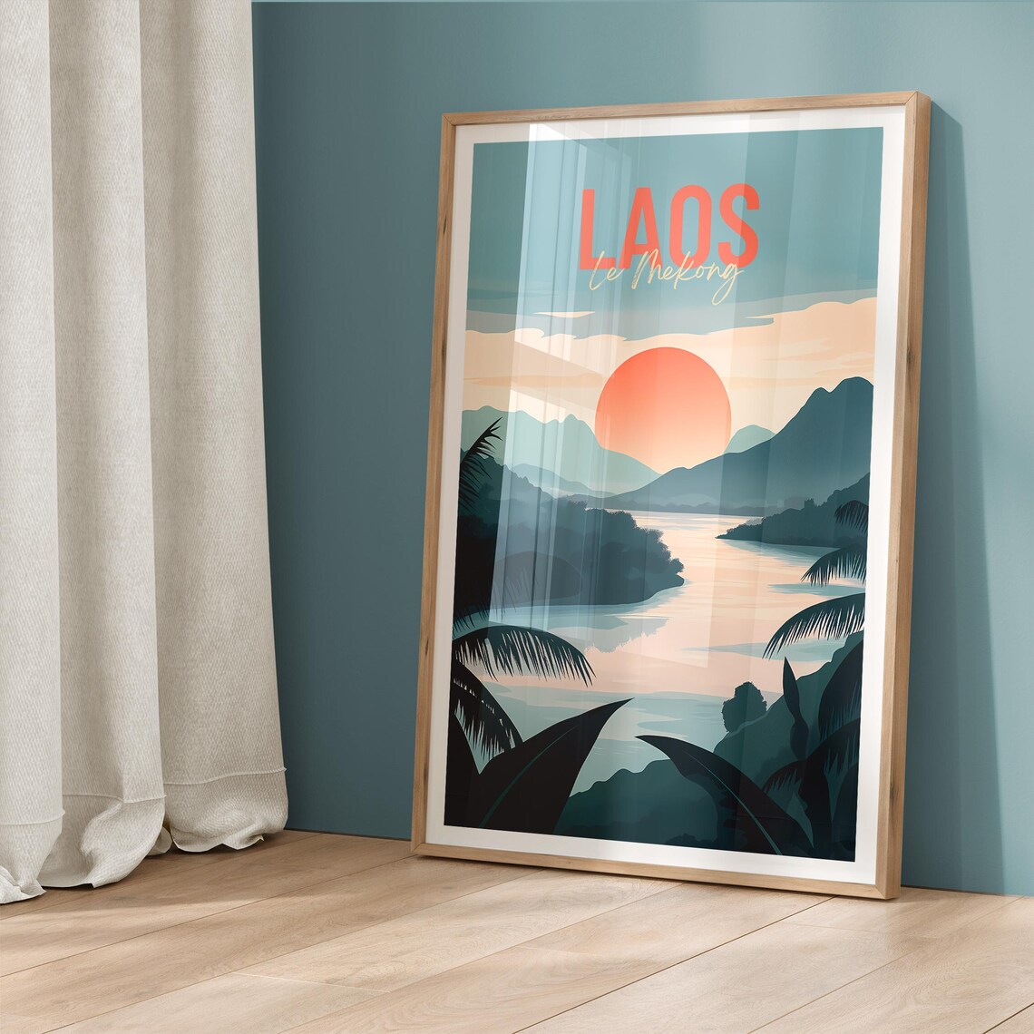 Laos Mekong River Sunset Mountains Palm Silhouette Travel Poster - Image 5