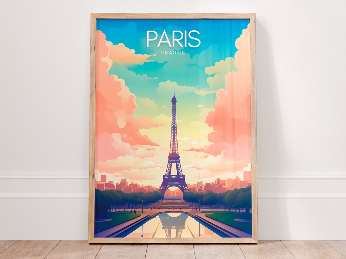 Paris France Eiffel Tower Sunset Pink Clouds City Travel Poster
