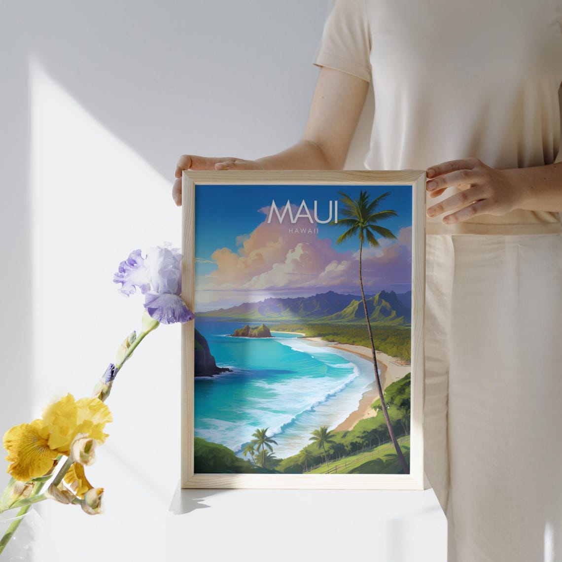 Maui Hawaii Poster with Turquoise Bay Palm Trees and Green Cliffs - Image 3