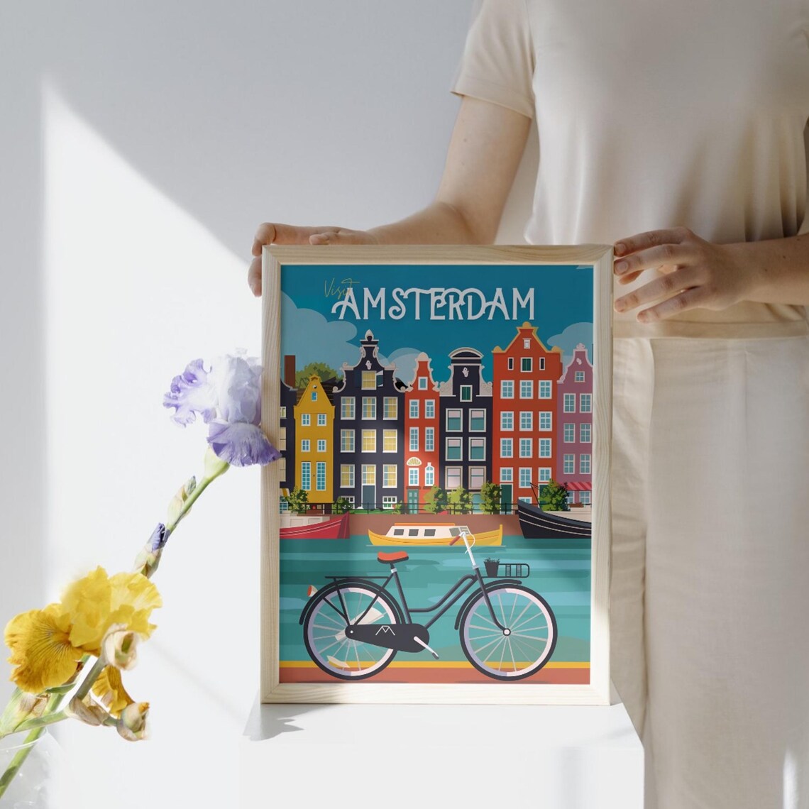Amsterdam Netherlands Canal Houses Bicycle Flat Art Travel Poster - Image 2