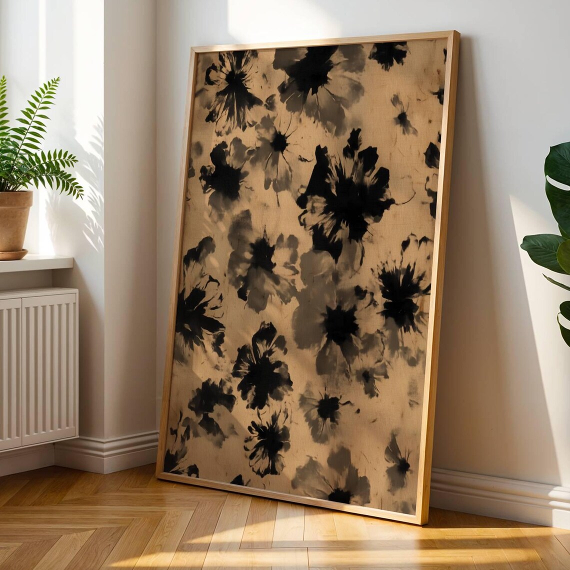 Black Ink Blossom Blooms on a Warm Beige Floral Canvas Art Poster
