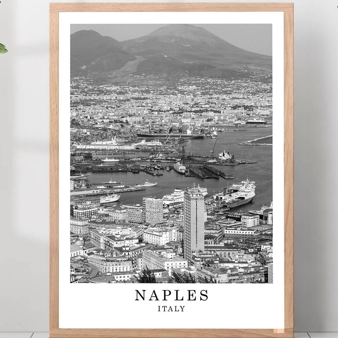 Naples Bay Mount Vesuvius Harbor Italy Black White Travel Poster