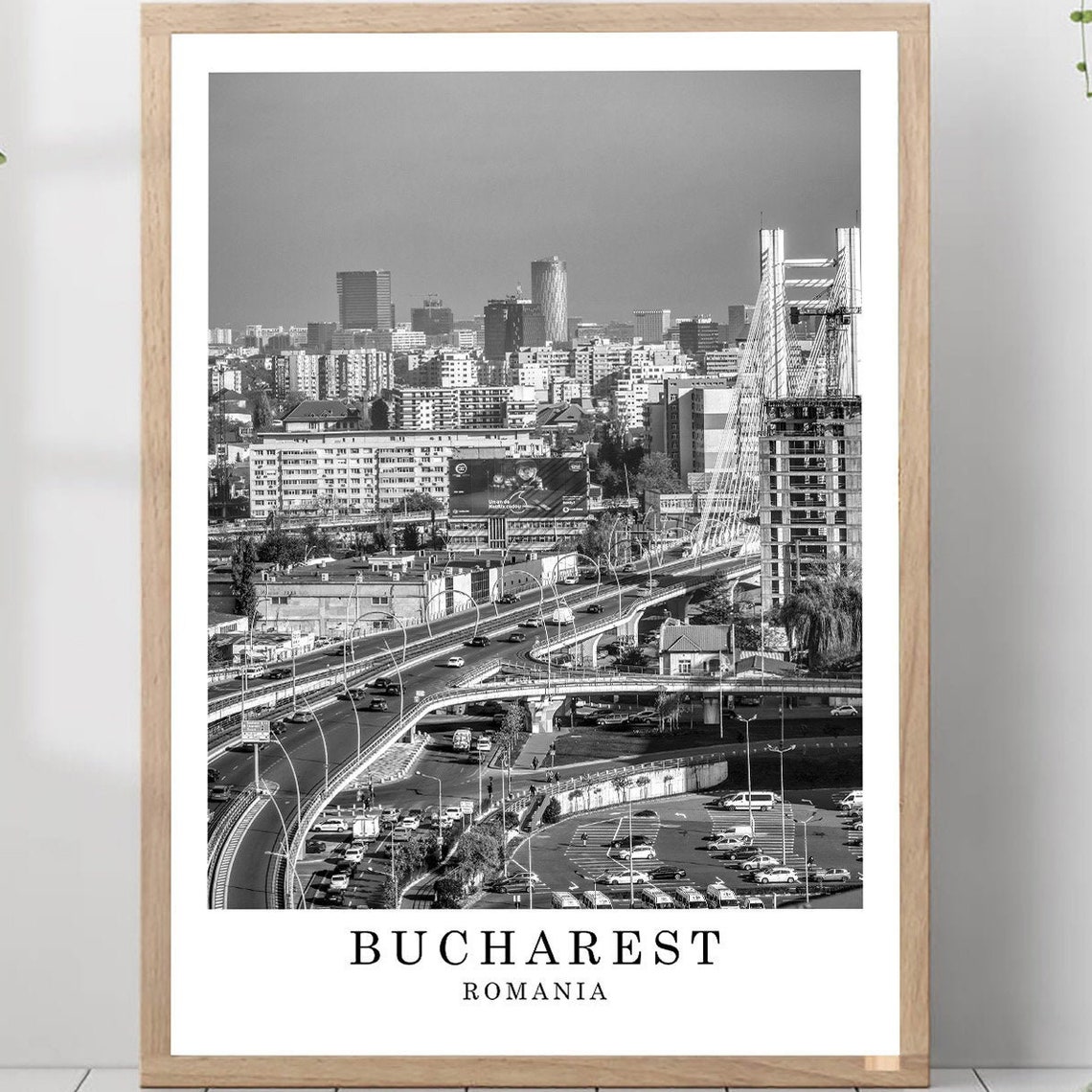 Bucharest Basarab Bridge Overpass City Romania Black White Poster