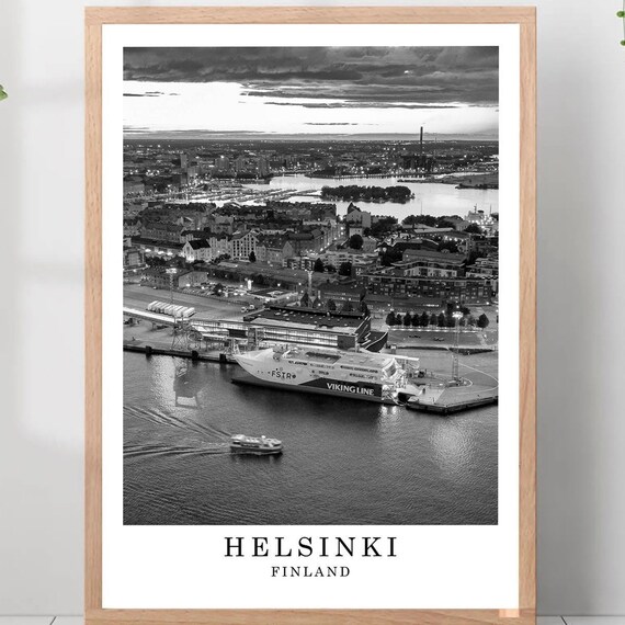 Helsinki Harbor Viking Line Ferry Aerial Black and White Photo Poster