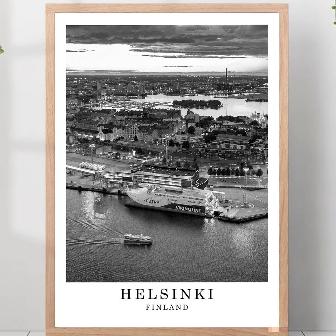 Helsinki Harbor Viking Line Ferry Aerial Black and White Photo Poster