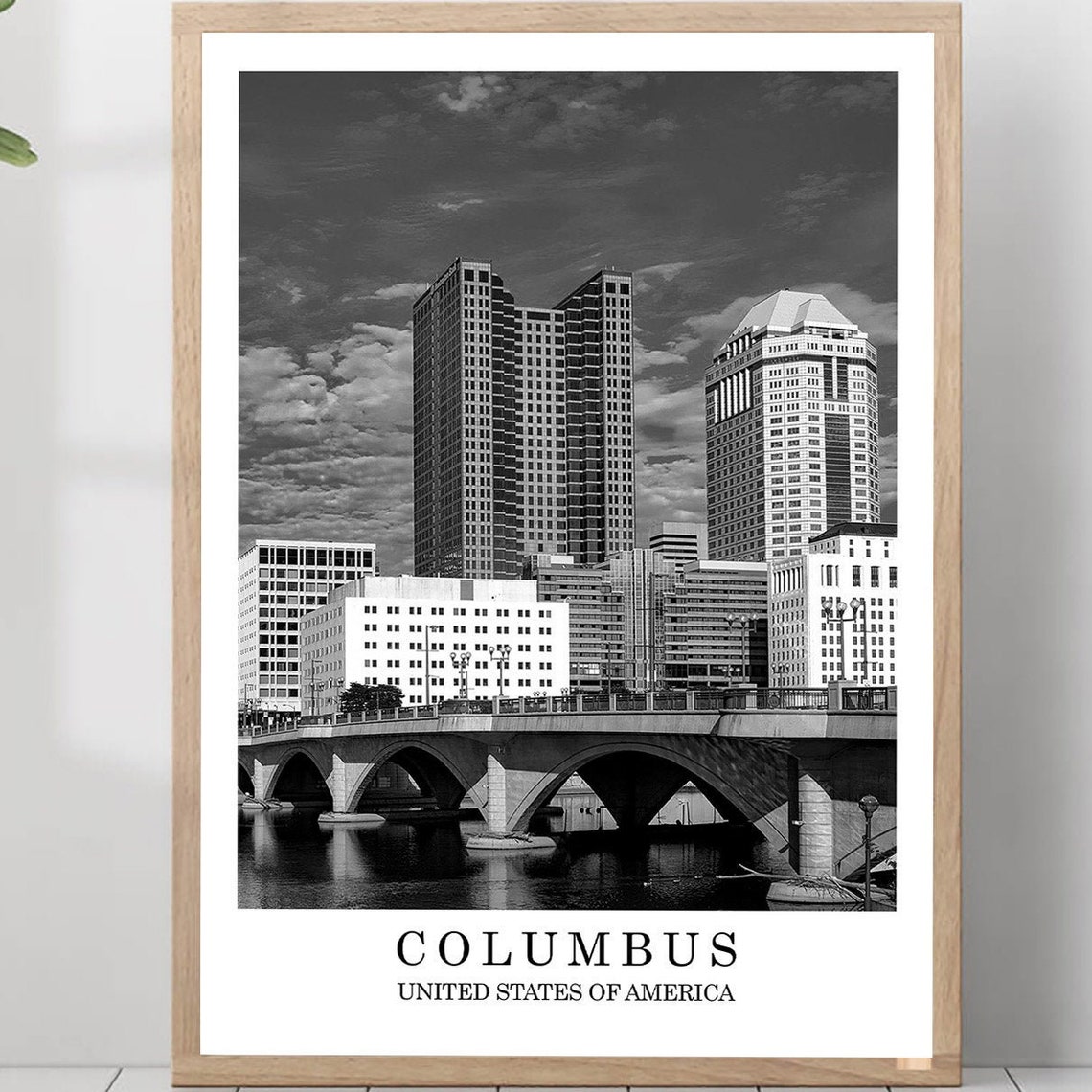 Columbus Ohio Skyline over Scioto River Bridge Black White Poster