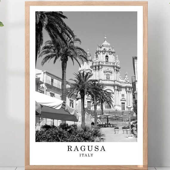 Ragusa Baroque Cathedral Palm Trees Black and White Photo Poster
