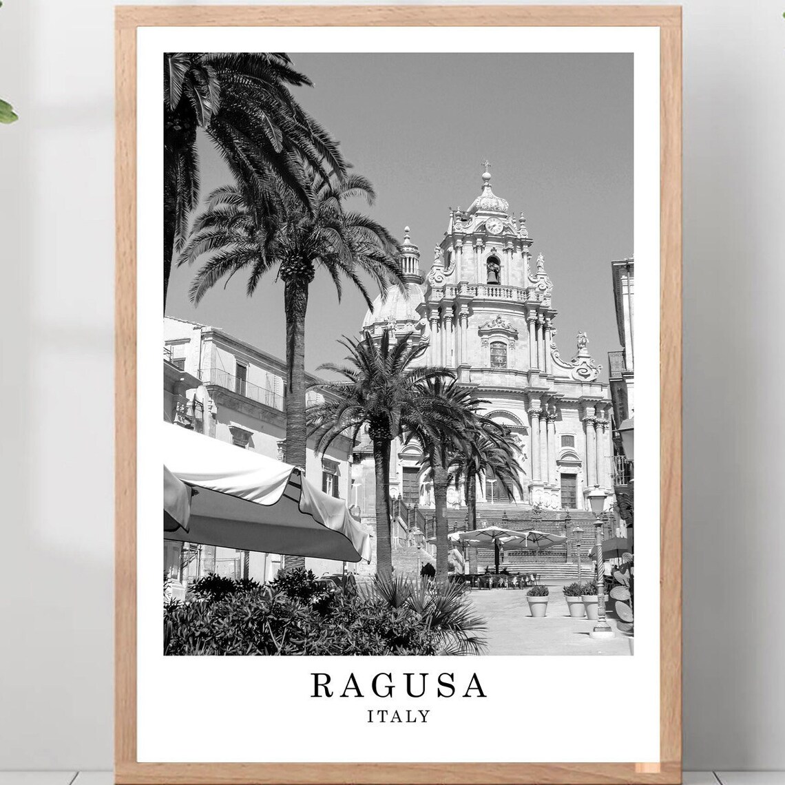 Ragusa Baroque Cathedral Palm Trees Black and White Photo Poster