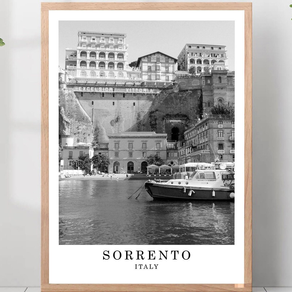 Sorrento Excelsior Vittoria Harbor Boat Italy Black White Poster