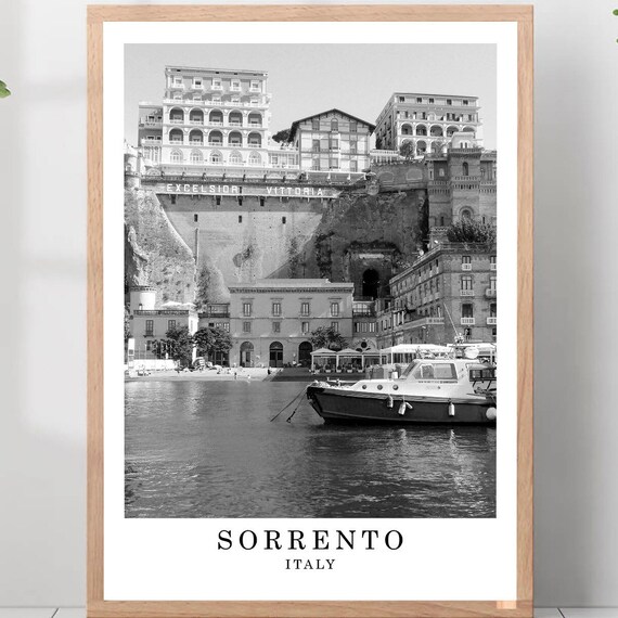 Sorrento Excelsior Vittoria Harbor Boat Italy Black White Poster