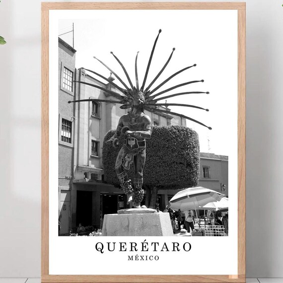 Queretaro Mexico Aztec Dancer Statue Black And White Photo Poster