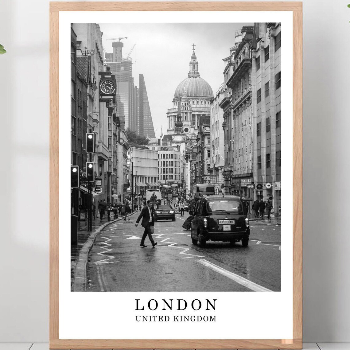 London St Paul's Cathedral Street Black Cab UK Black White Poster