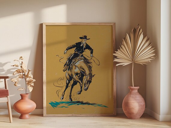 Cowboy Bucking Bronco Vintage Western Rodeo Illustration Poster
