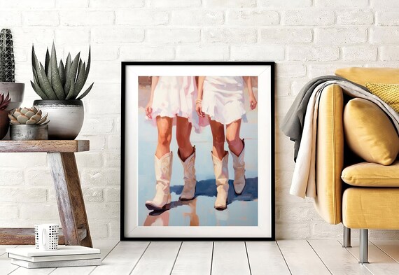 Pink Cowgirl Boots Painting Girls White Dress Western Nursery Poster