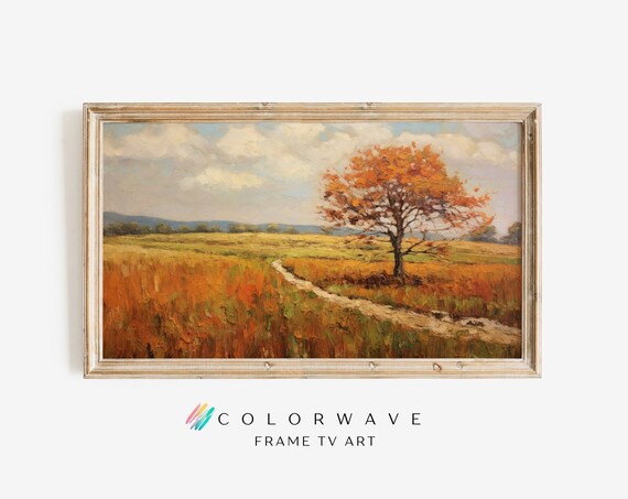 Lone Autumn Tree Winding Path Golden Field Painting Wall Art