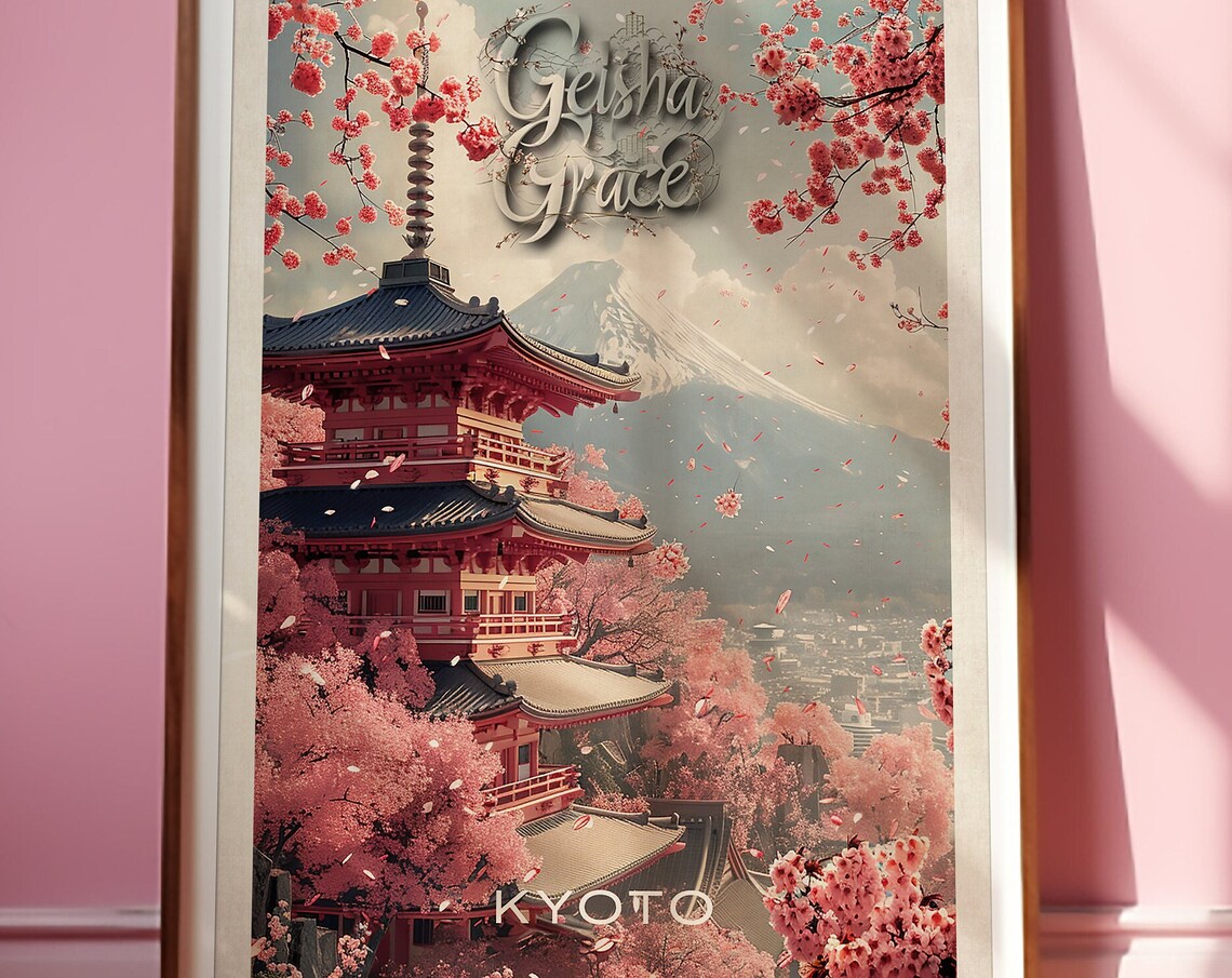 Kyoto Geisha Grace Pagoda Cherry Blossom and Mountain Japan Poster