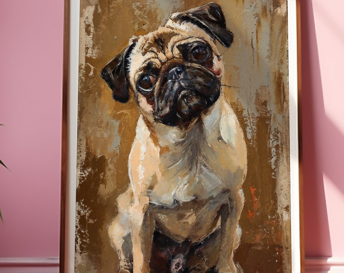 Fawn Pug Soulful Eyes Portrait Warm Oil Painting Dog Lovers Print