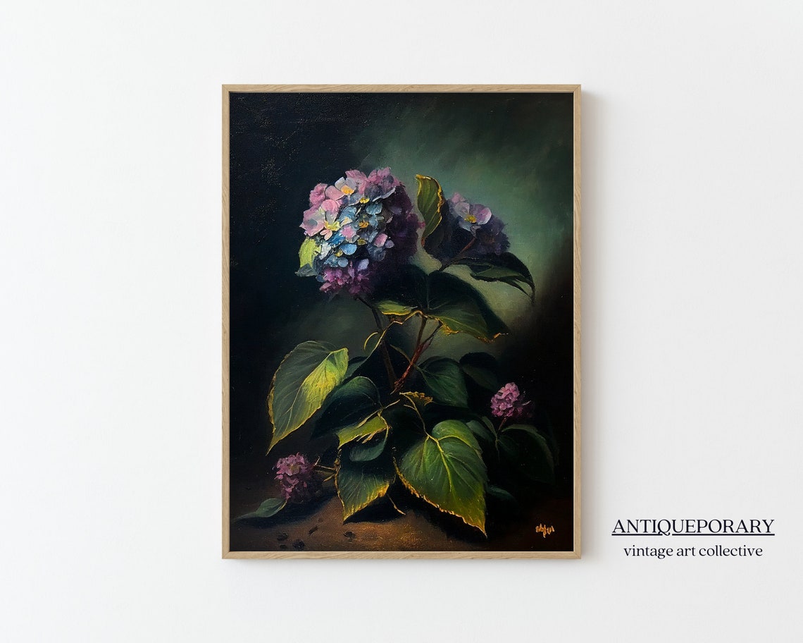 Moody Hydrangea Bouquet Dark Floral Still Life Painting Poster