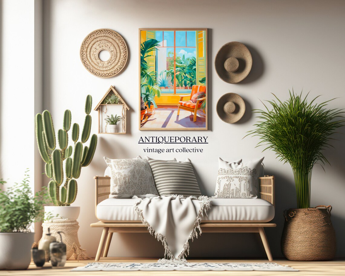 Tropical Sunroom Interior Painting Palm Plants Orange Armchair Poster - Image 4