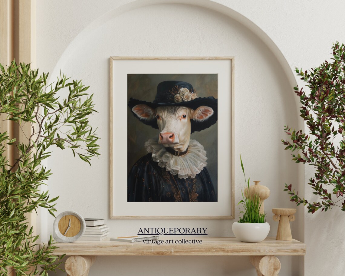 Elegant Lady Cow in Black Rose Hat Victorian Portrait Wall Art - Image 6