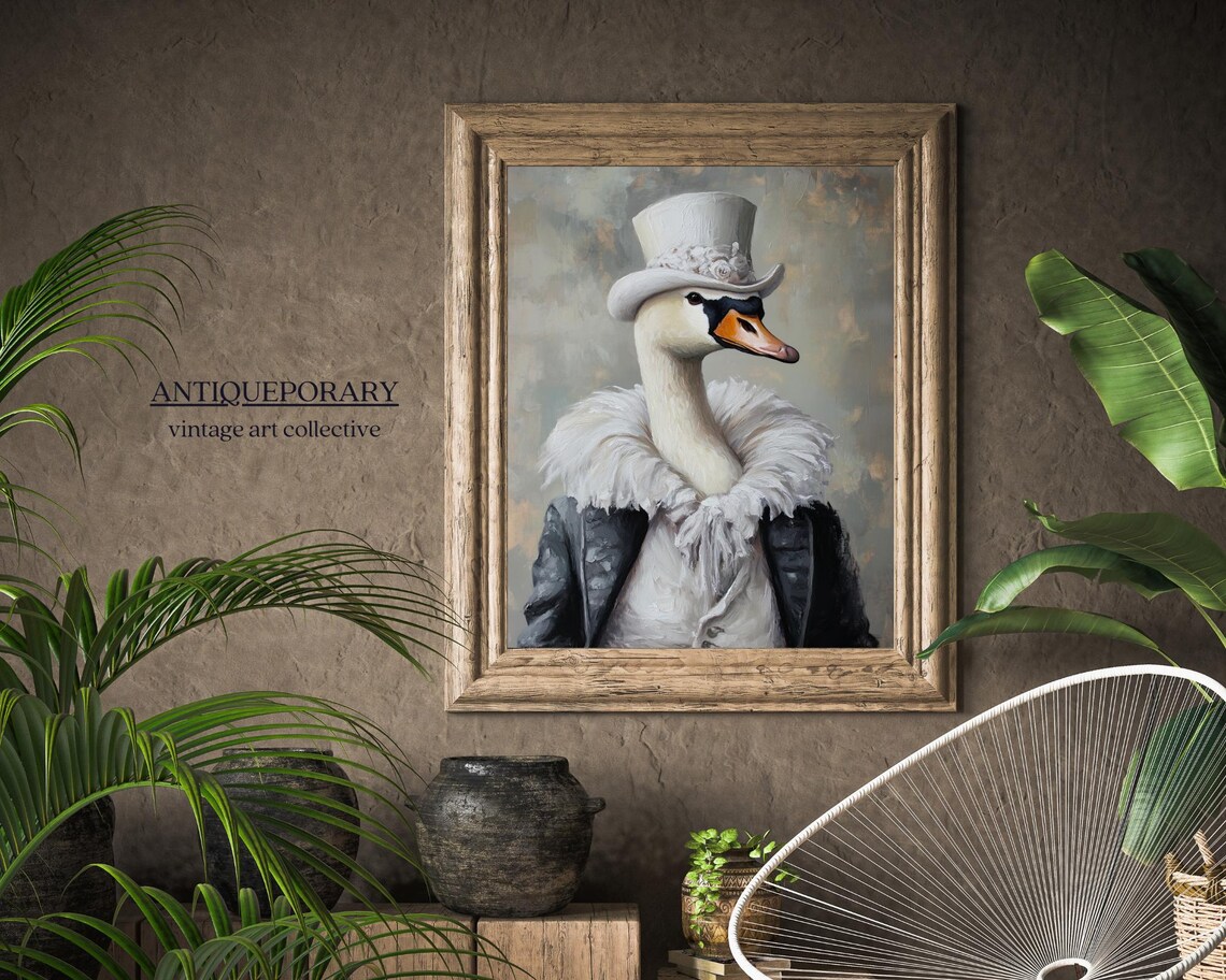 White Swan in Top Hat with Feathered Collar Vintage Portrait Poster - Image 4