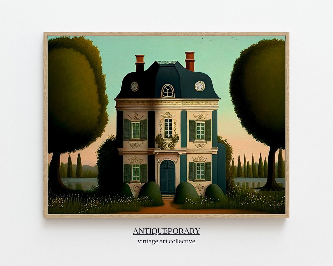 French Chateau Mansard Roof Cypress Trees Sunset Folk Art Poster