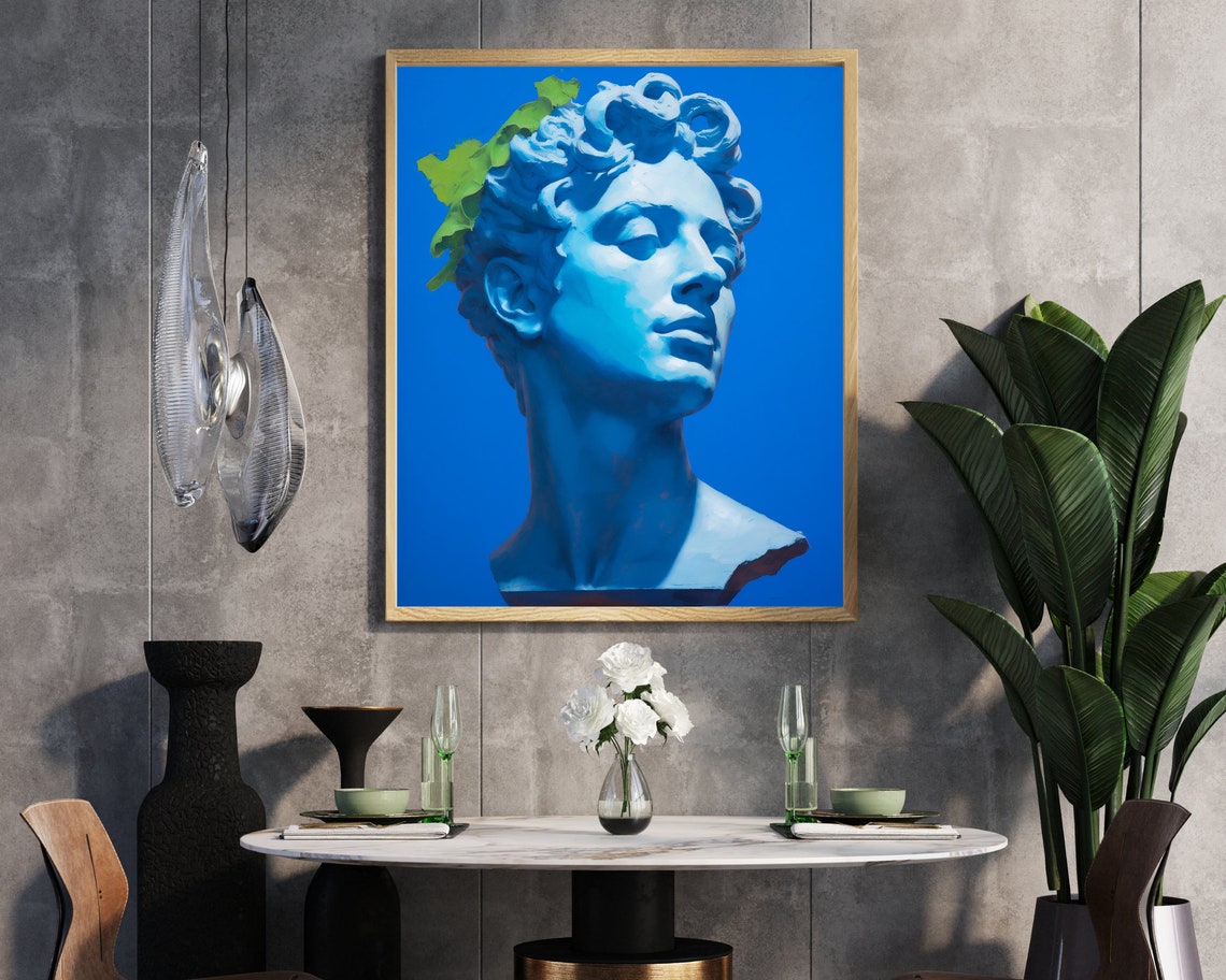 Blue Greek Bust Statue Laurel Leaves Vivid Blue Background Art Poster - Image 6