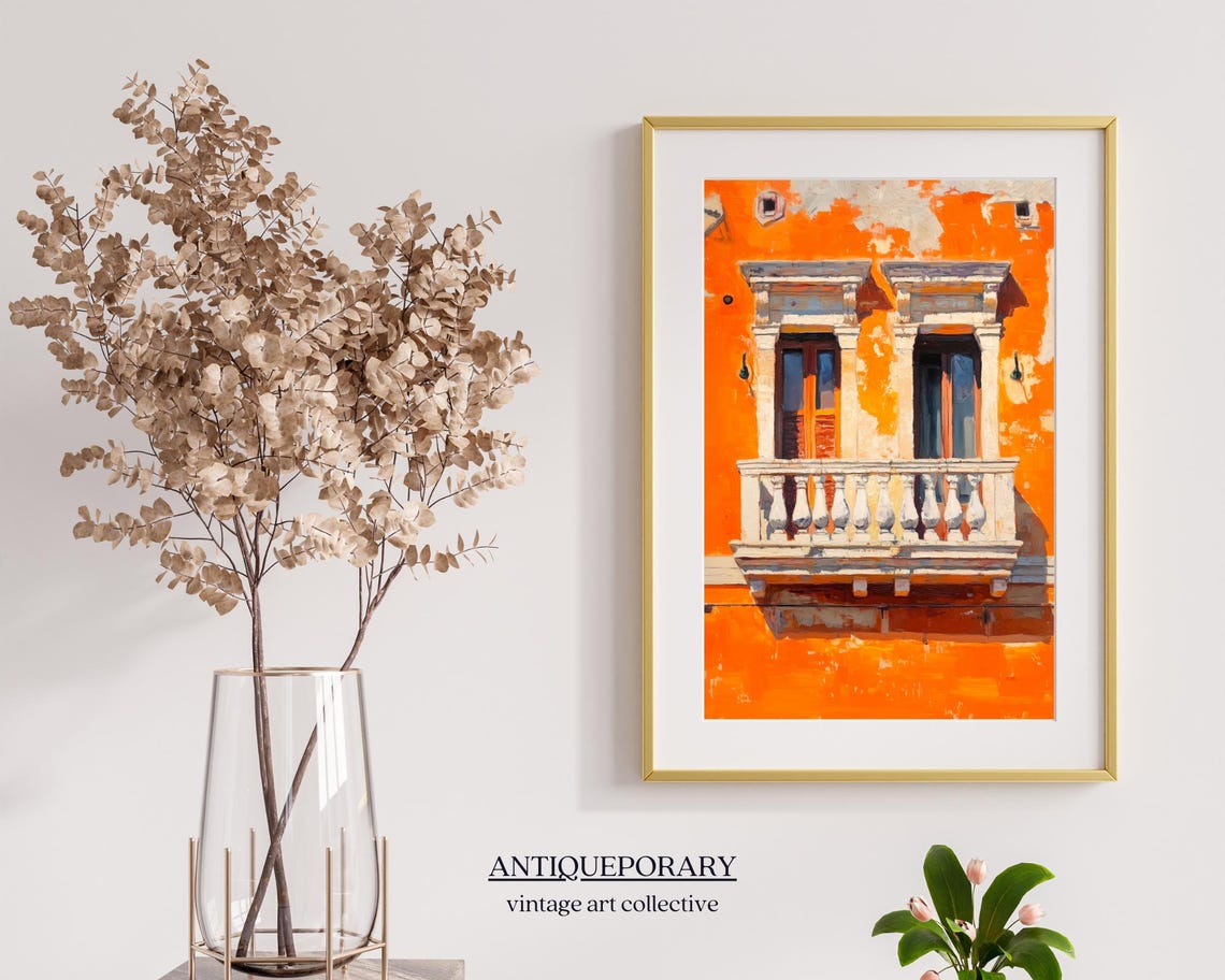 Terracotta Orange Facade Balcony Sunlit Old Town Architecture Poster - Image 6