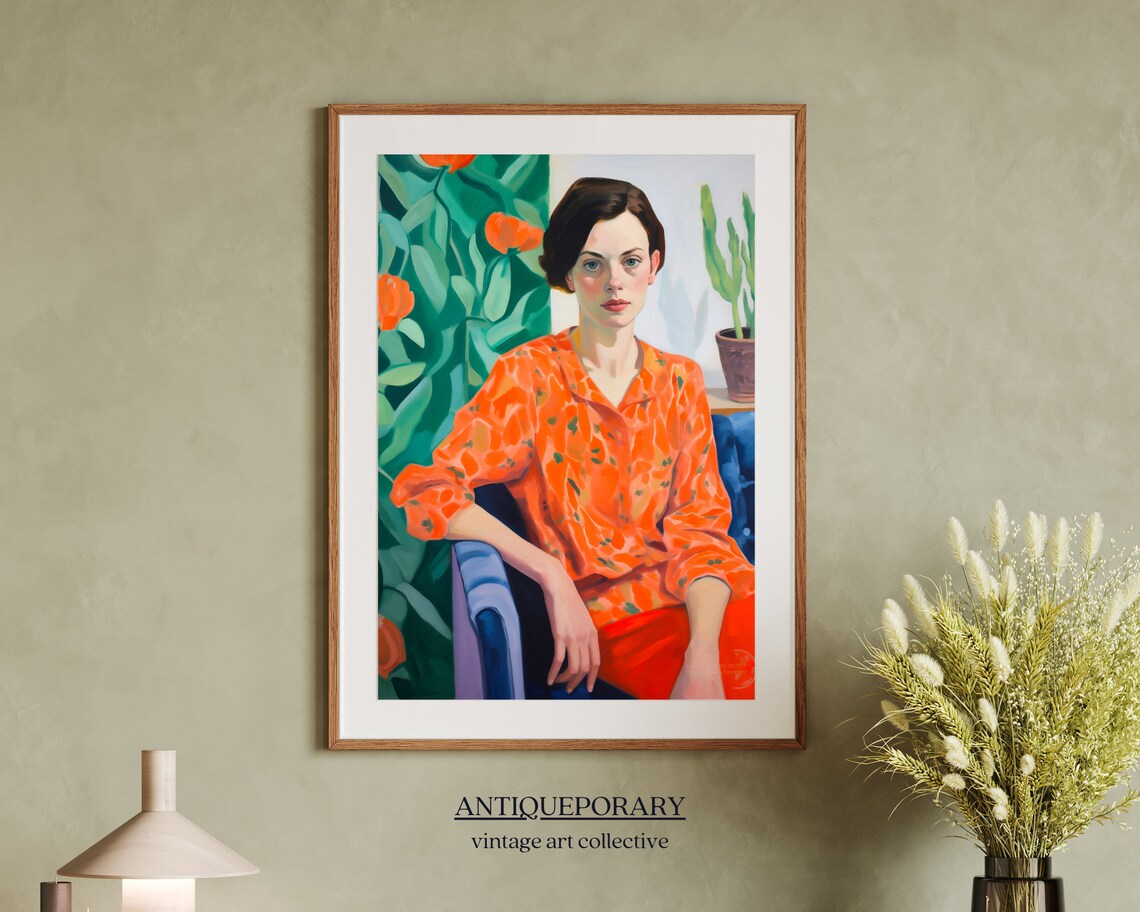 Woman in Orange Floral Blouse Modern Portrait with Tulips Poster - Image 7