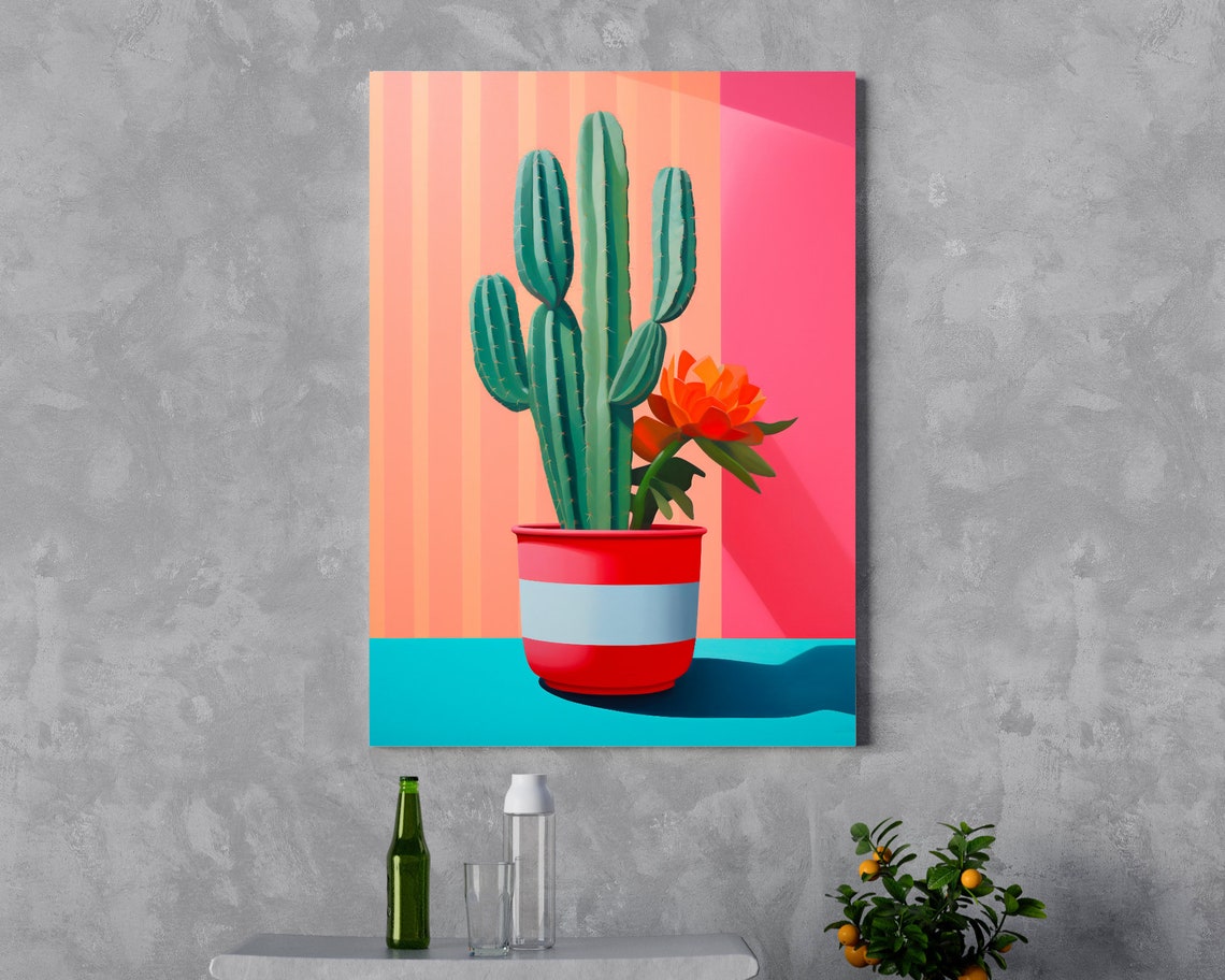 Tall Green Cactus Red Striped Pot Pink Pop Art Botanical Poster - Image 3