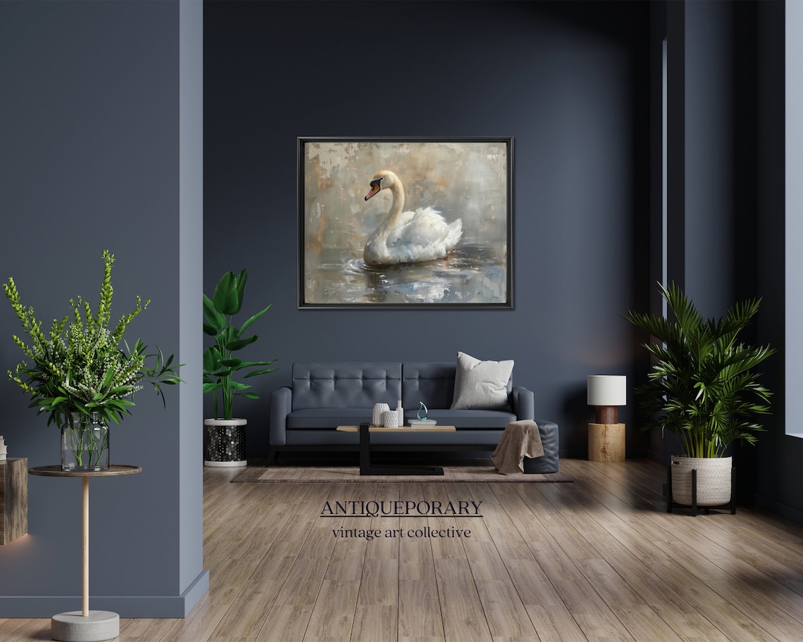 Graceful White Swan Calm Water Abstract Neutral Bird Painting Poster - Image 2
