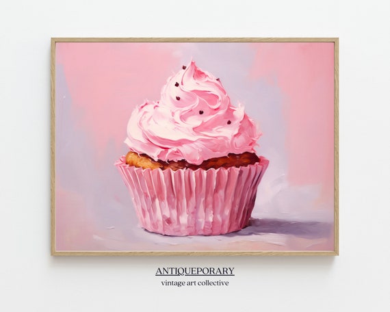 Modern Still Life Painting Pink Cupcake Pop Art Colorful Food Print Trendy Retro Painting Still Life Kitchen Print Fine Art