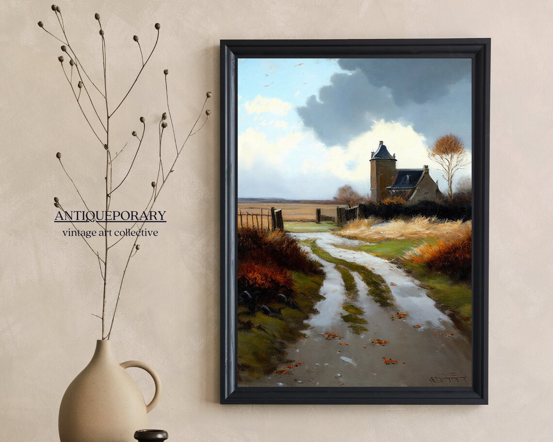 Winding Country Road to Old Stone Church Moody Sky Art Poster - Image 5