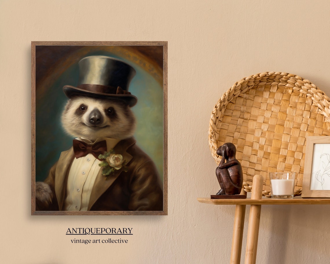 Dapper Sloth Gentleman in Top Hat and Brown Suit Portrait Poster
