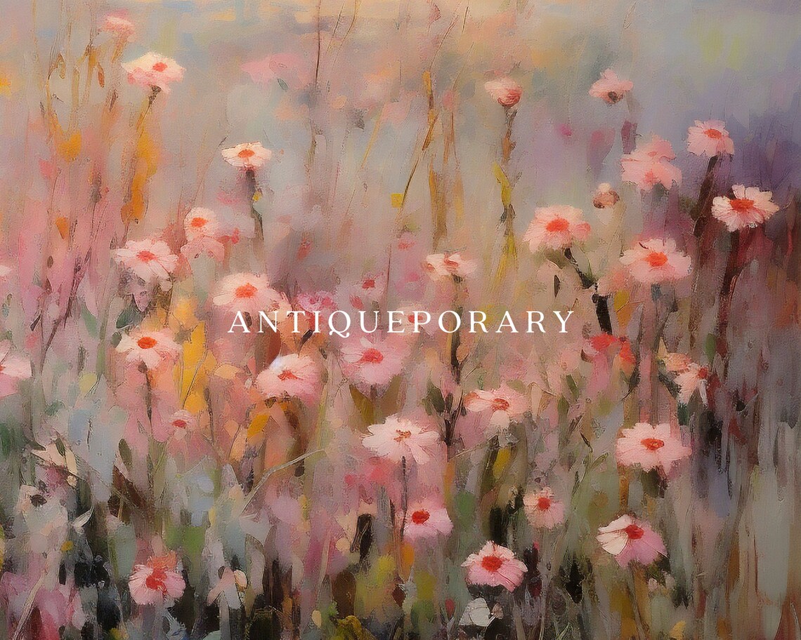 Pink Wildflowers at Sunset Dreamy Pastel Field Vintage Painting Poster - Image 2