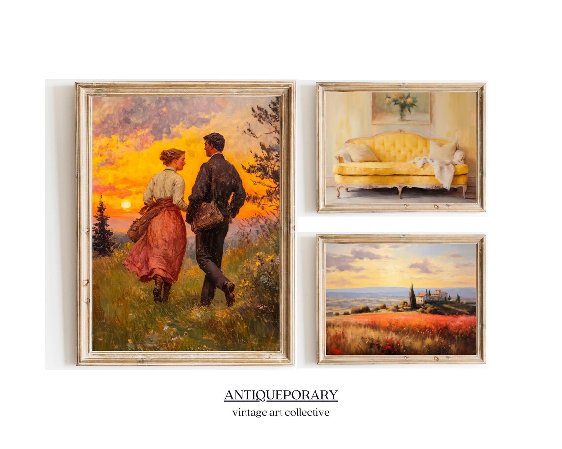 Vintage Lovers at Sunset Romantic Couple Walking Through Field Poster - Image 5